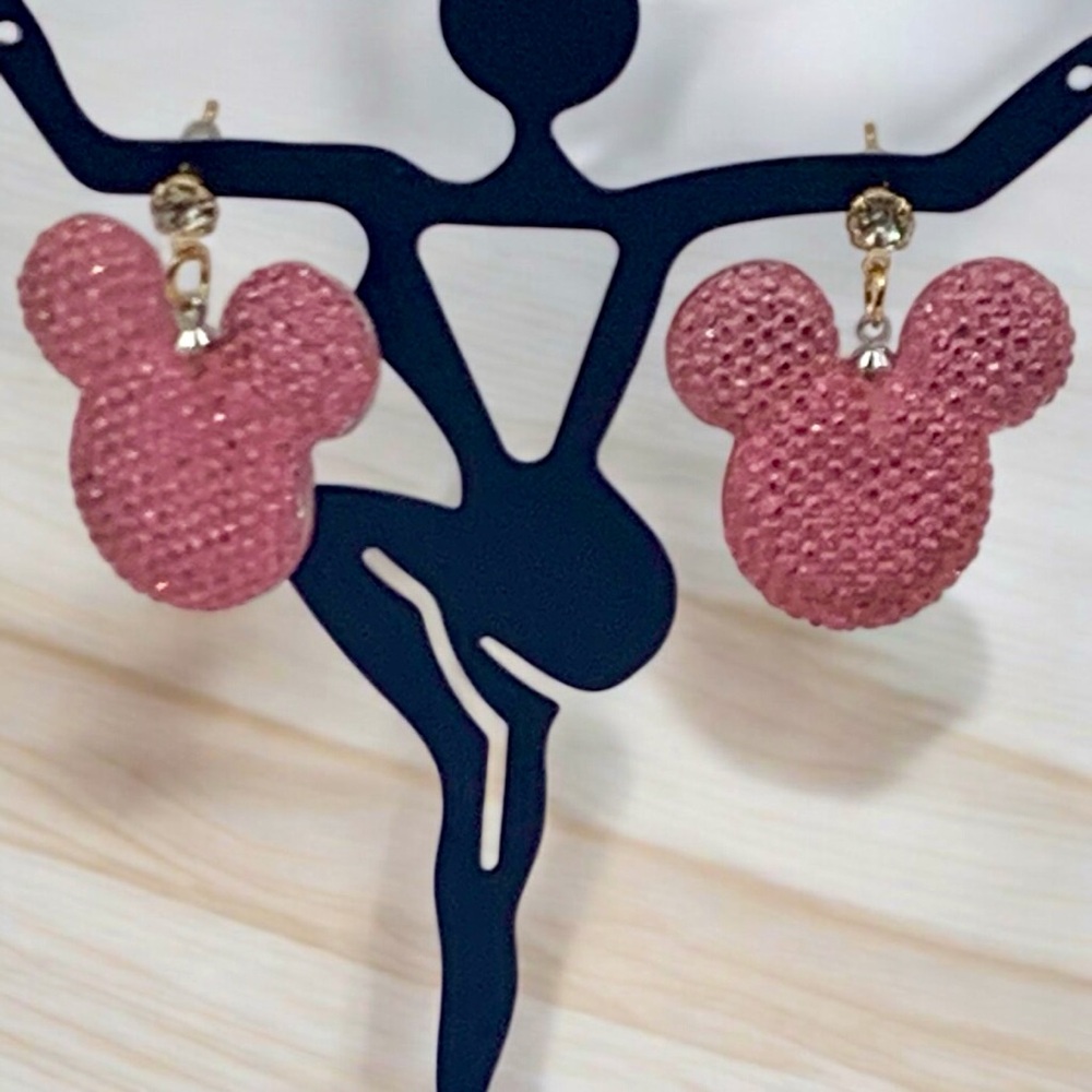 Pink Mickey Minnie & Mouse Ears Crystal Stud Dangle Earrings - Picture 2 of 3